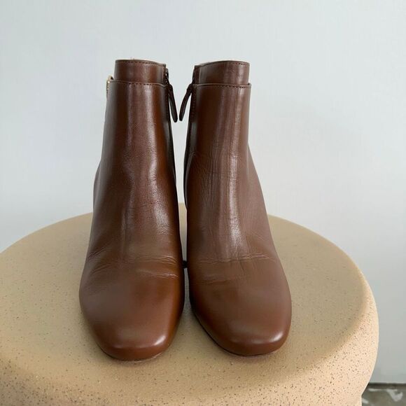 Tory Burch Women’s Sofia Cognac Leather Wedge Zip Almond Toe Ankle Bootie - Picture 4 of 13